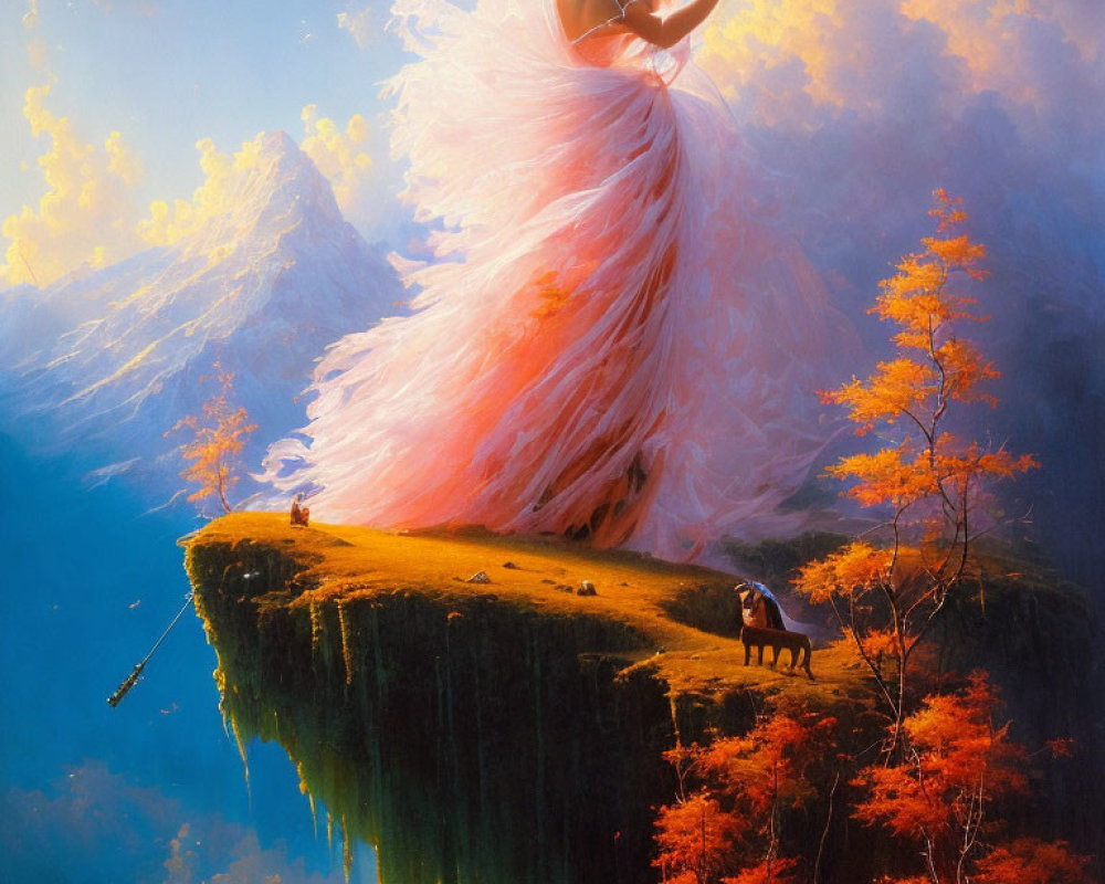 Woman in flowing pink dress on cliff with horse, autumn trees, and warm mountain backdrop