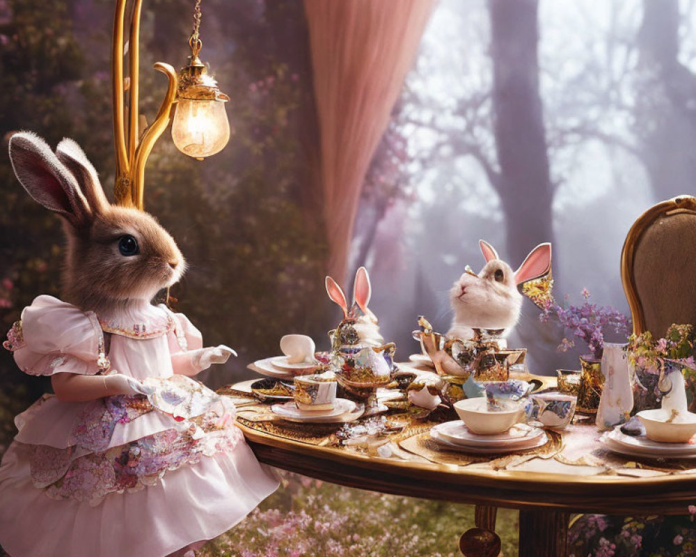 Elegant anthropomorphic rabbits tea party in foggy forest