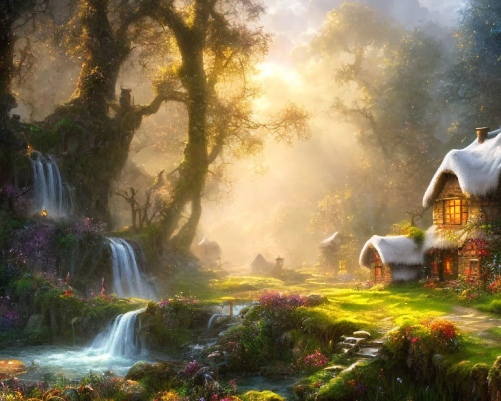 Tranquil forest scene with thatched cottage and waterfall in warm sunlight