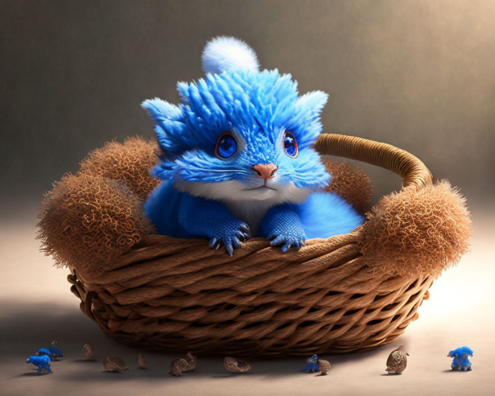 Blue Fluffy Fictional Creature in Wicker Basket with Tiny Versions