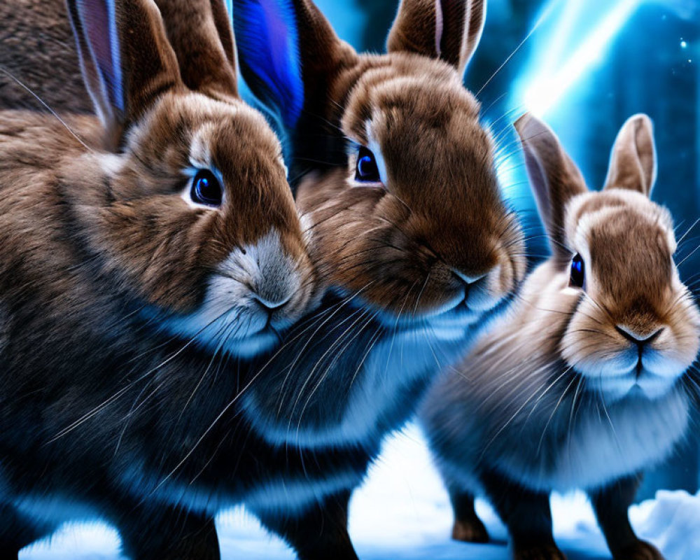 Three brown rabbits with blue-tinted ears and noses in snowy scene