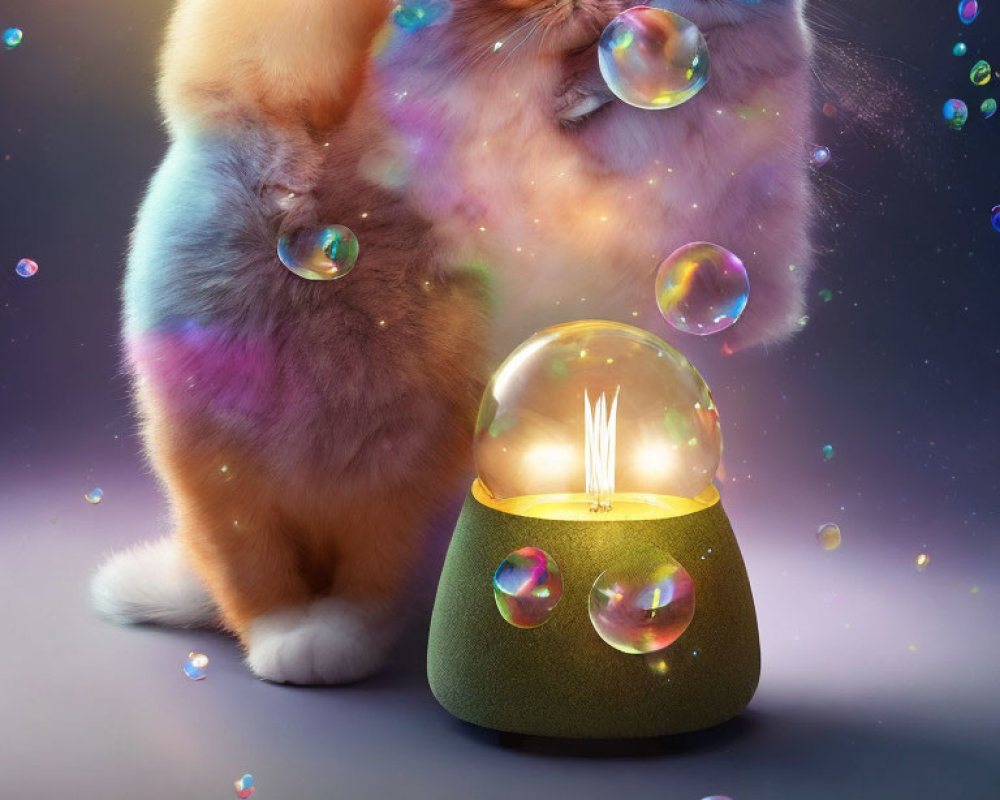Fluffy colorful cats with crystal ball and bubbles in mystical scene