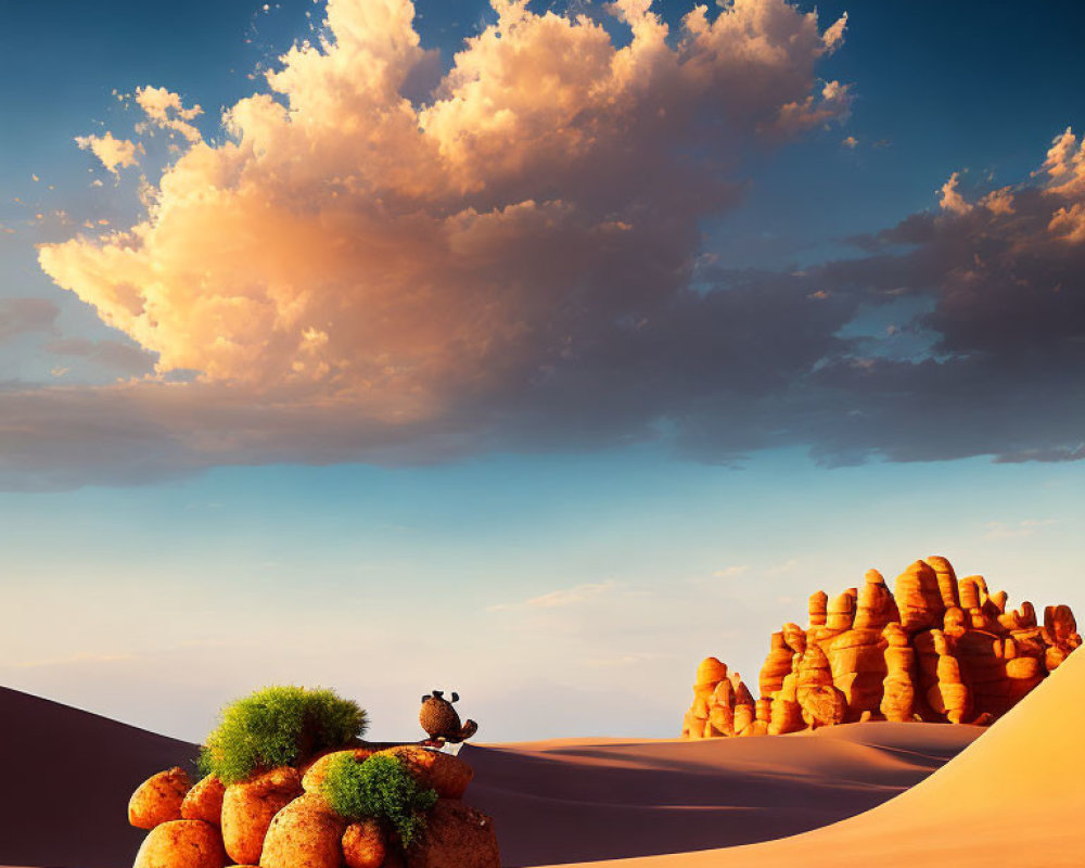 Orange Dunes and Green Shrubs in Desert Dusk