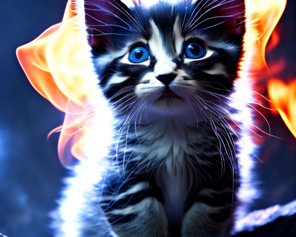Black and White Kitten with Blue Eyes Over Fiery Background