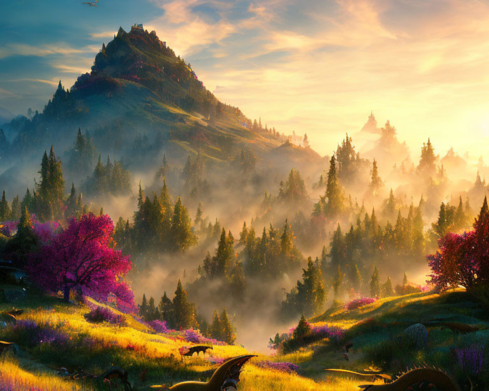 Misty sunrise landscape with flowers, hills, castle, and bird