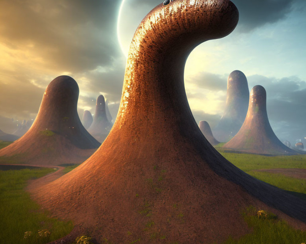 Surreal landscape with smooth mounds and eclipse sky