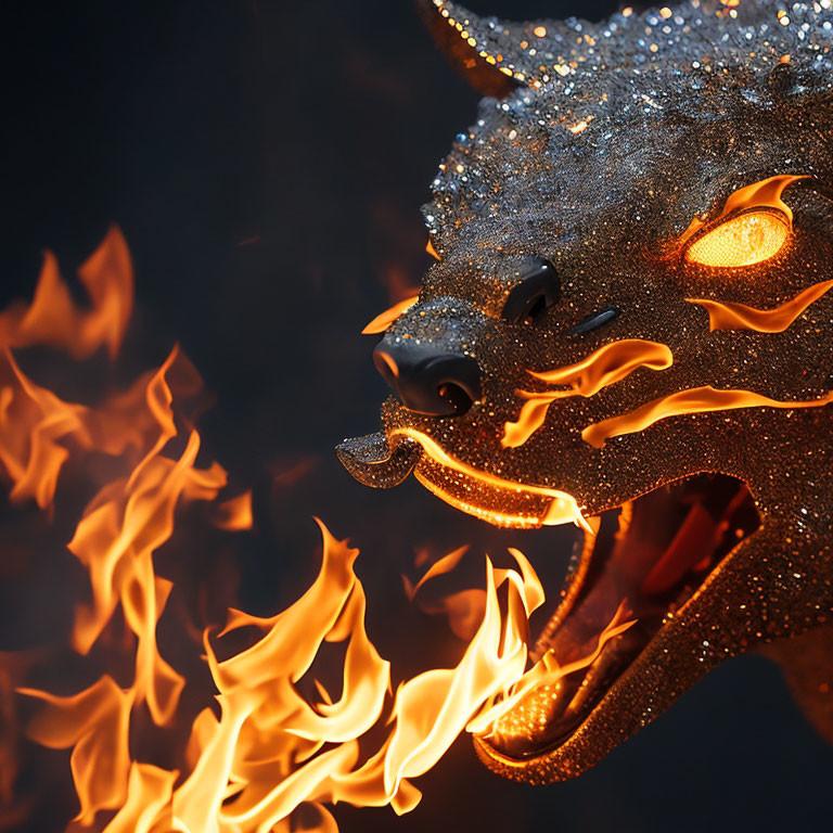 Black Dragon Mask with Orange Flames on Dark Background