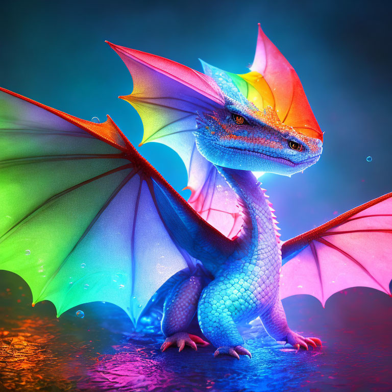 Colorful Whimsical Dragon with Multicolored Wings on Blue Background