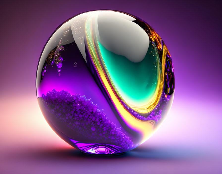 Multicolored 3D Sphere with Swirling Patterns on Reflective Purple Surface