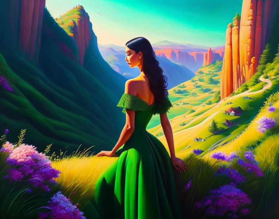 Woman in Green Dress Contemplating Vibrant Cliff Landscape
