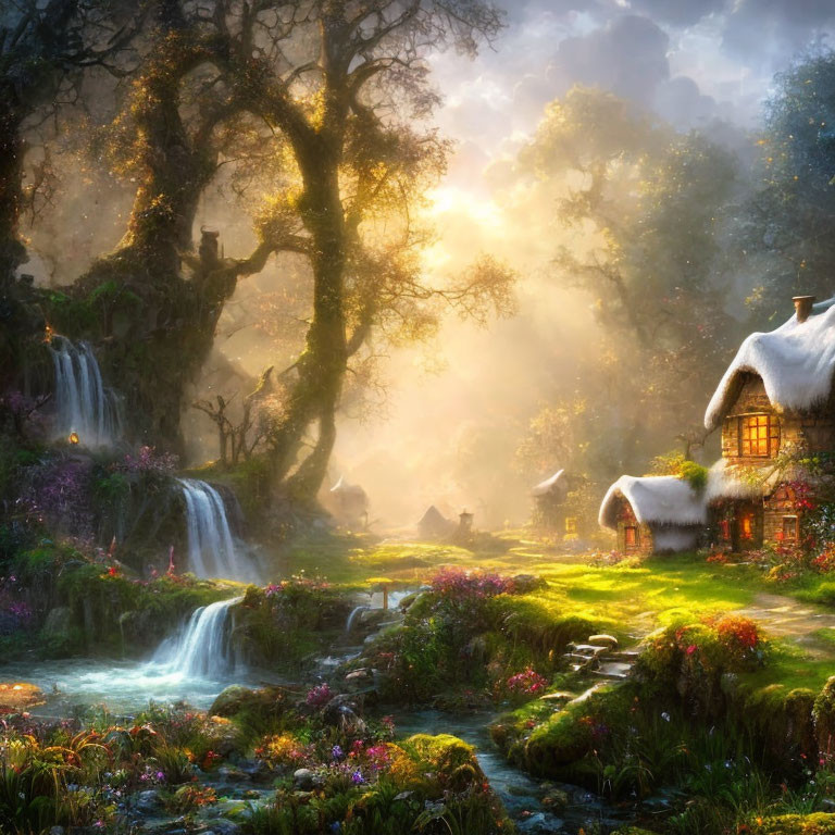 Tranquil forest scene with thatched cottage and waterfall in warm sunlight