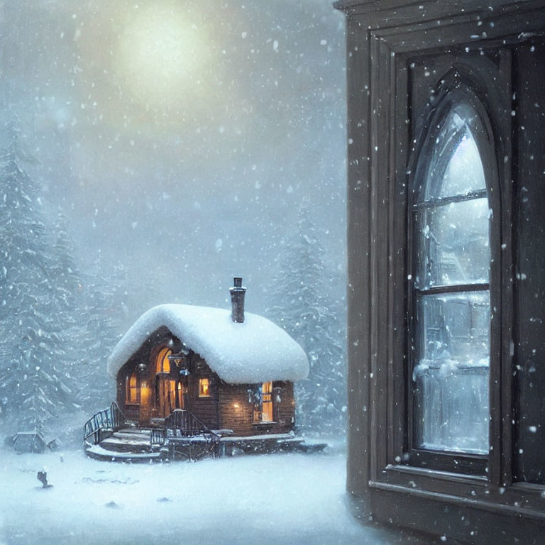 Snow-covered log cabin in winter snowfall