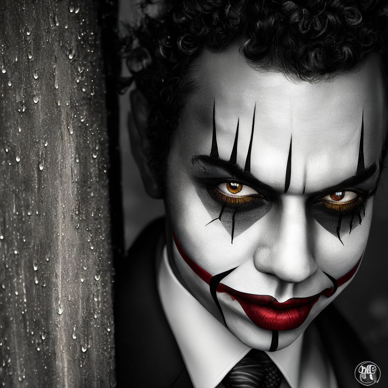 Sinister clown makeup against grayscale background