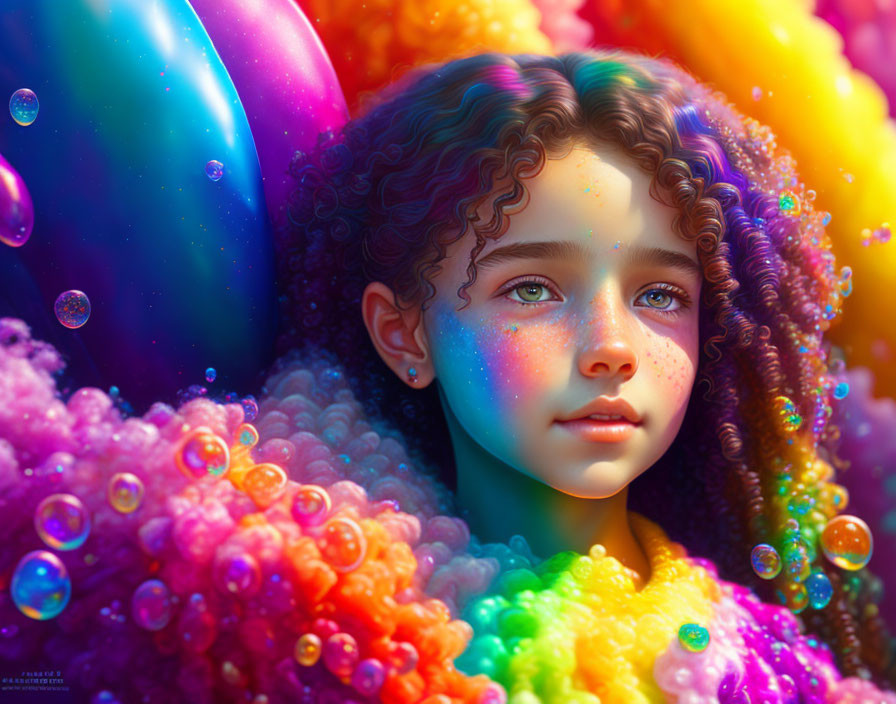 Vibrant digital artwork of girl with curly hair in rainbow clouds
