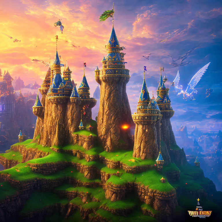Majestic fantasy landscape with castles, dragons, and "Owls Bluff" emblem