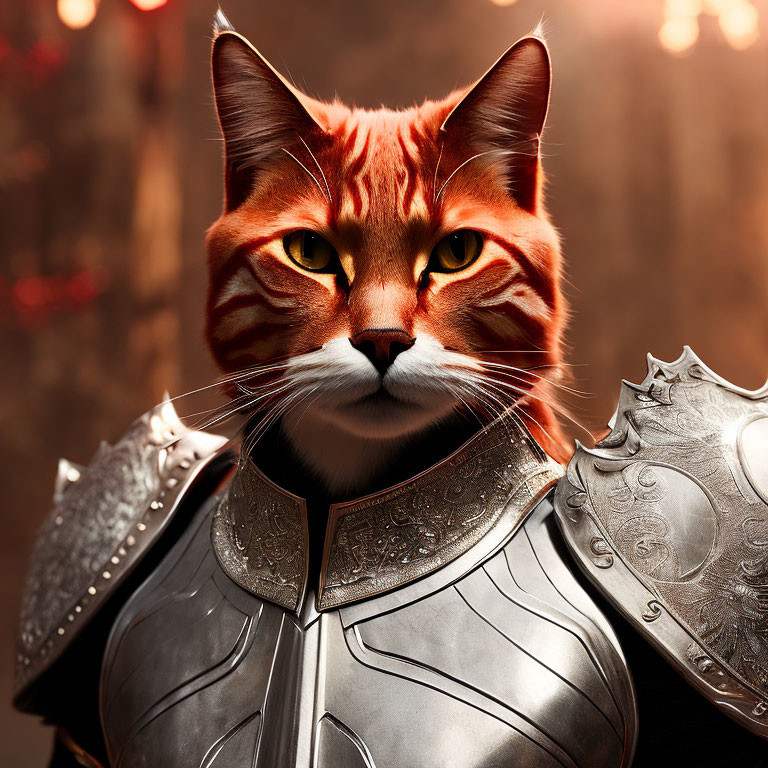 Digital Artwork: Cat in Knight's Armor with Human-Like Body