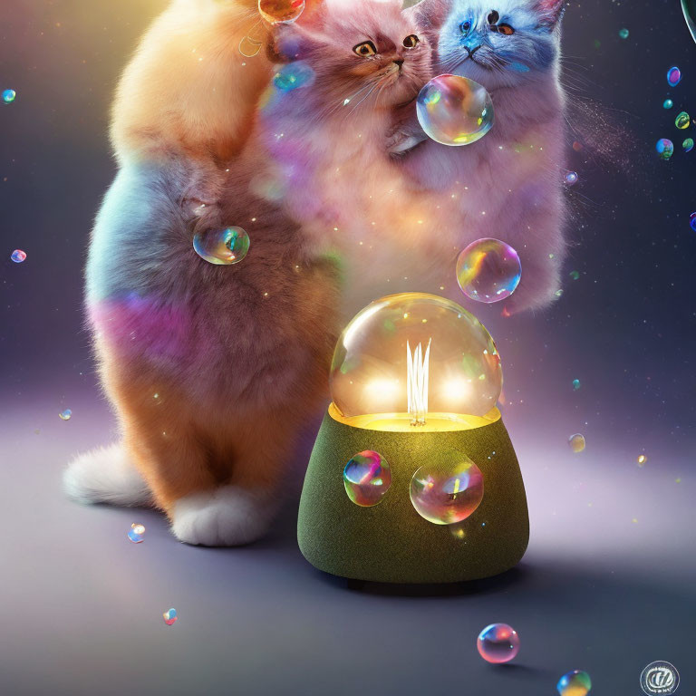 Fluffy colorful cats with crystal ball and bubbles in mystical scene