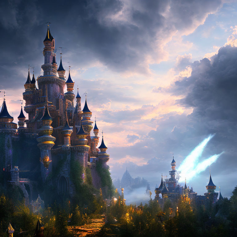 Majestic castle with spires in mystical landscape under dramatic sky