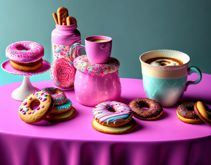Vibrant dessert and drink display on pink surface with donuts, cookies, and cups