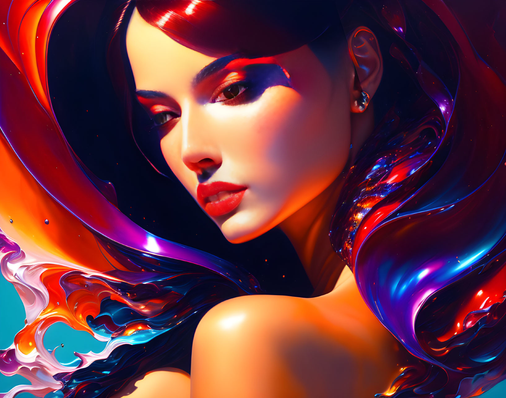 Colorful digital artwork: Woman with flowing liquid-like hair on fiery background