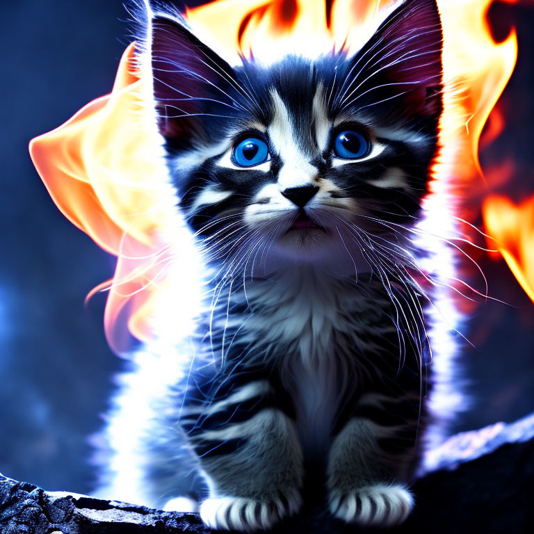 Black and White Kitten with Blue Eyes Over Fiery Background