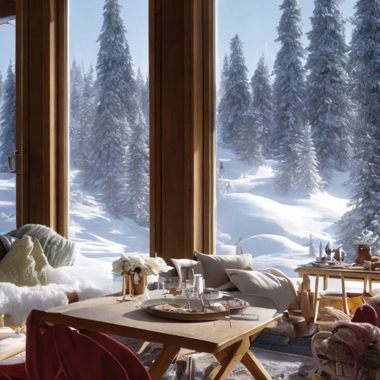 Snowy forest landscape visible through large windows in cozy interior