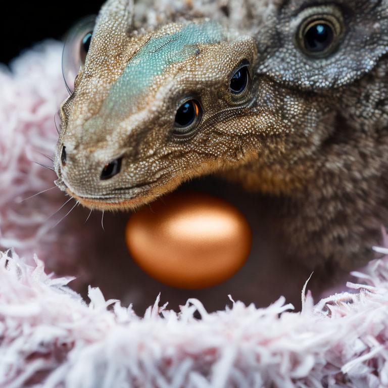 Close-up: Two textured lizards guarding golden egg on pink surface