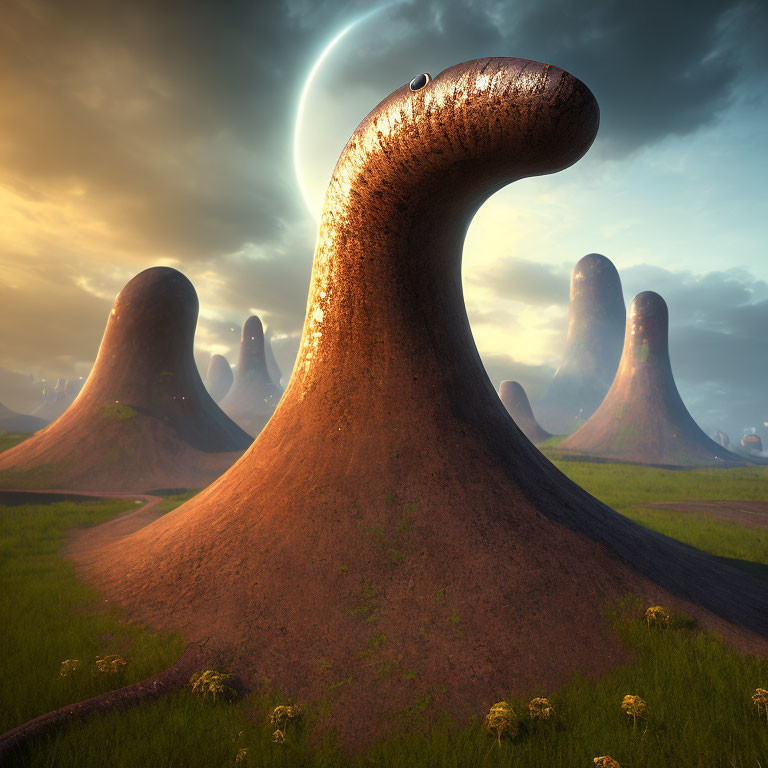 Surreal landscape with smooth mounds and eclipse sky