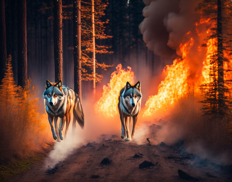Two wolves fleeing forest fire on dirt path.