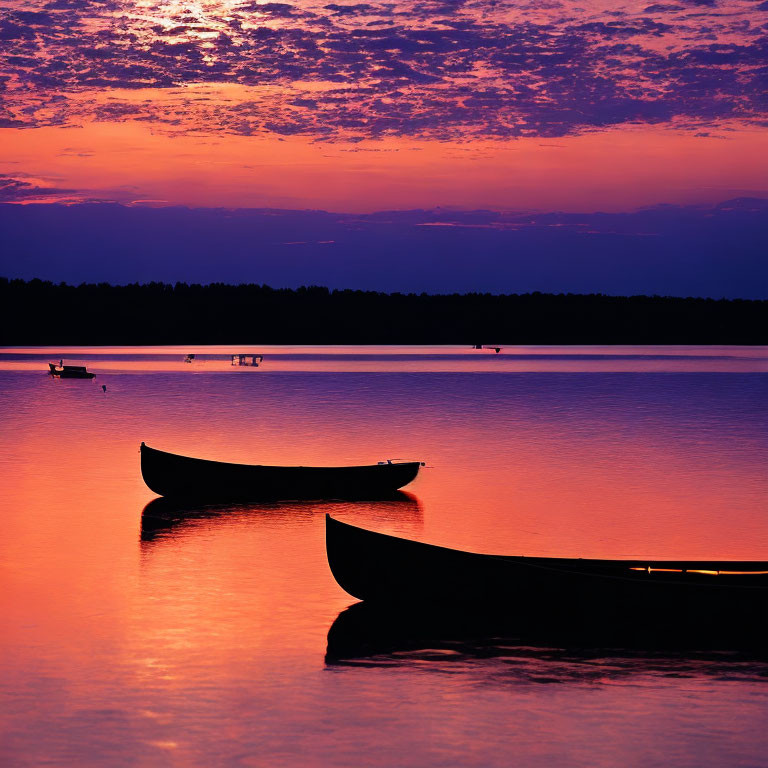 Calm Water Scene: Two Canoes at Sunset