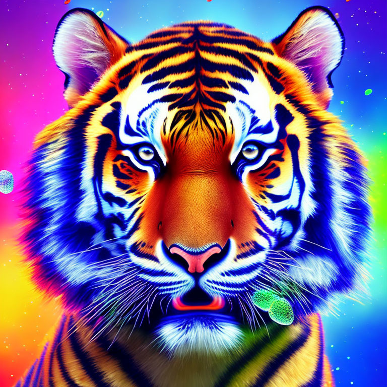 Colorful Tiger Portrait with Blue Eyes on Psychedelic Background