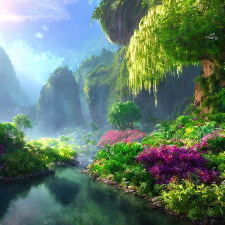 Tranquil fantasy landscape with lush foliage, flowers, river, and sunbeams