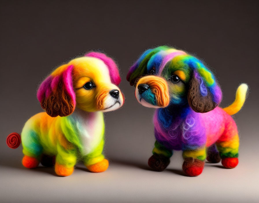 Colorful Needle-Felted Toy Dogs with Rainbow Fur and Whimsical Designs