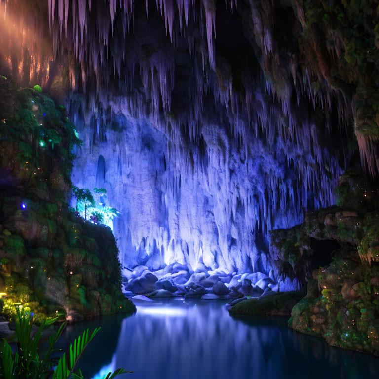 Mystical Cave with Blue Light, Water Reflection, Stalactites, Rocks & Foli