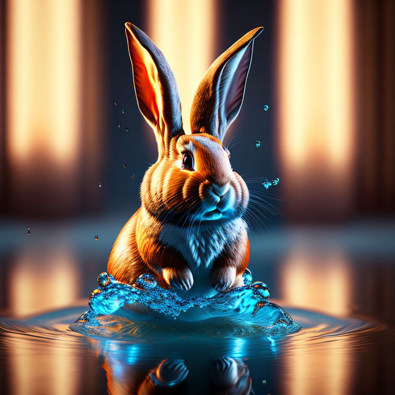 Realistic rabbit digital artwork with water splashes and warm background