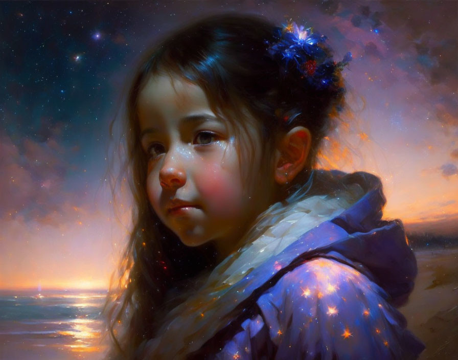 Young girl with starry attire in digital painting, beach twilight scene.
