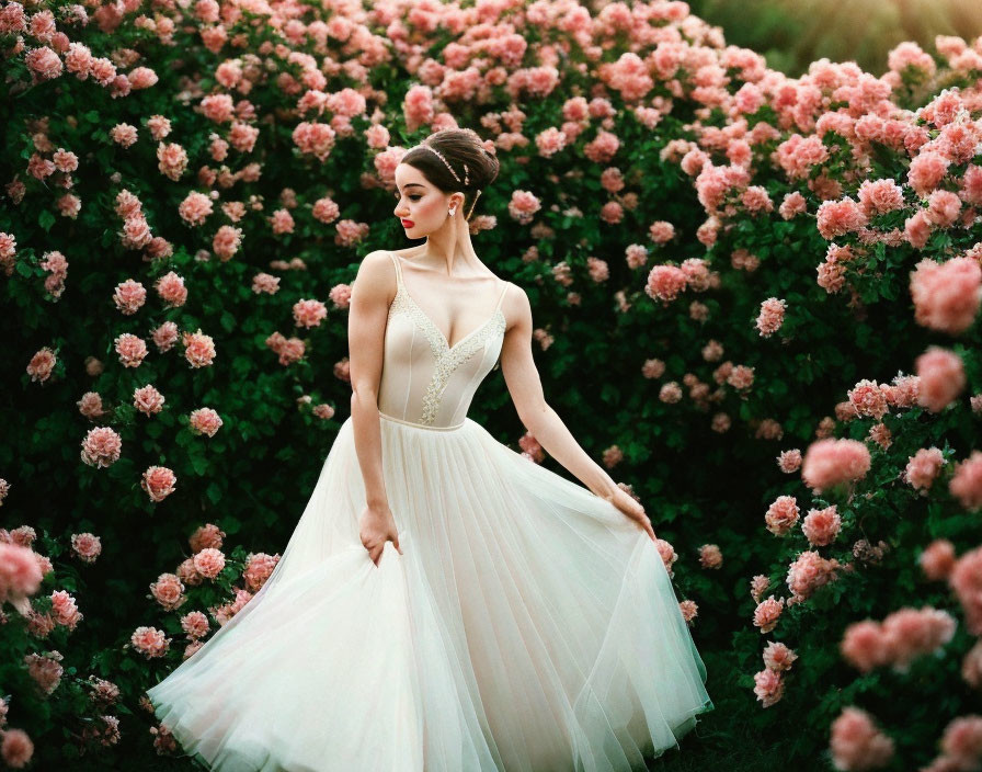 Woman in elegant dress posing amidst lush pink rosebushes