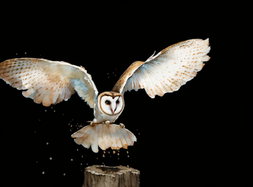Flying owl with spread wings launching from stump on dark background