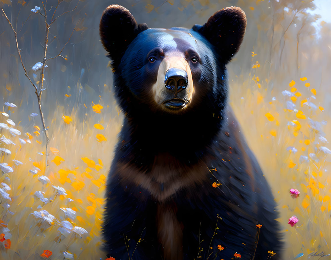 Realistic Black Bear Painting in Wildflower Field