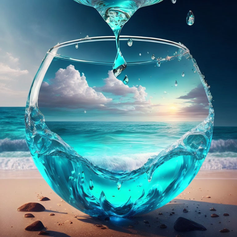 Ocean scene and fishbowl merge in digital art sunset setting