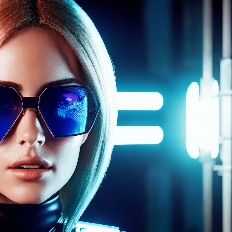 Stylish woman with futuristic makeup and neon lights reflection.
