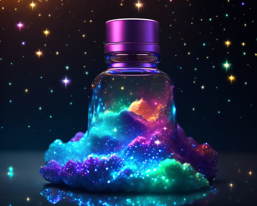 Cosmic-themed perfume bottle with nebula base and sparkling stars