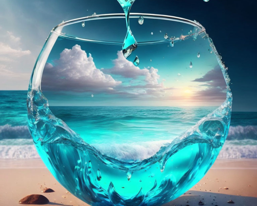 Ocean scene and fishbowl merge in digital art sunset setting