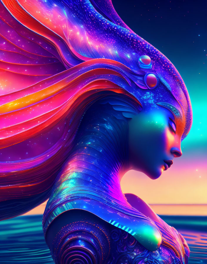 Colorful digital artwork: female figure, cosmic design, flowing hair like nebula, ocean backdrop