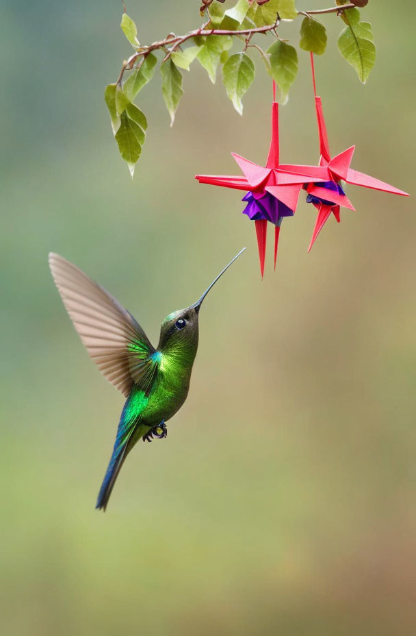 Hummingbird hovering near branch with green leaves and pink origami stars