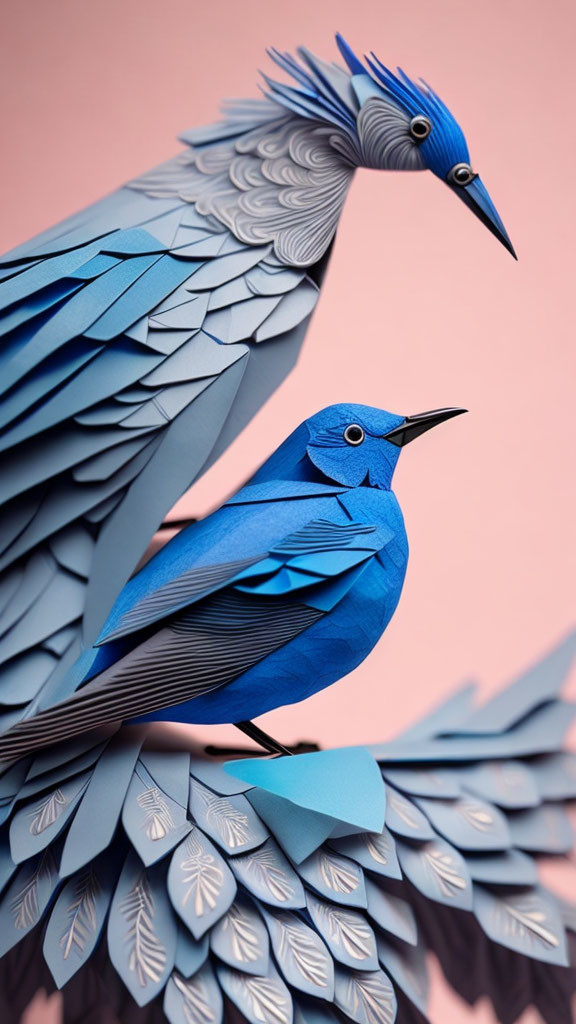 Intricate Paper Art Bluebirds with Detailed Feathers on Soft Pink Background