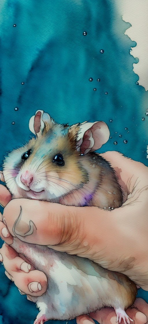 Cozy hamster held in hands on teal background