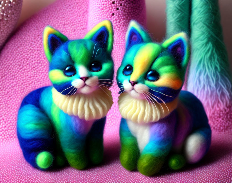 Colorful Plush Toy Cats with Whiskers in Soft Surroundings