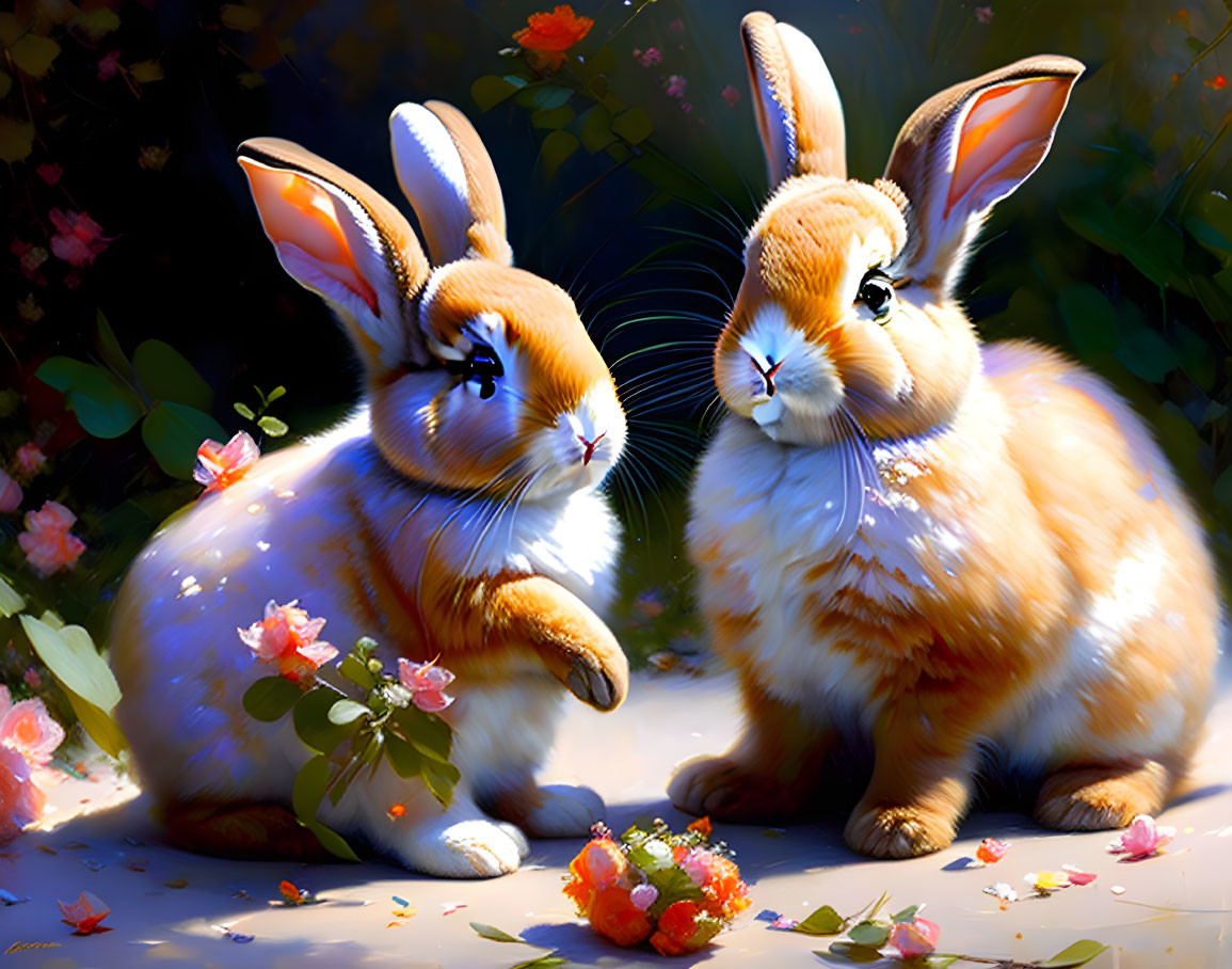 Illustrated rabbits with orange and white fur in floral setting on dark background