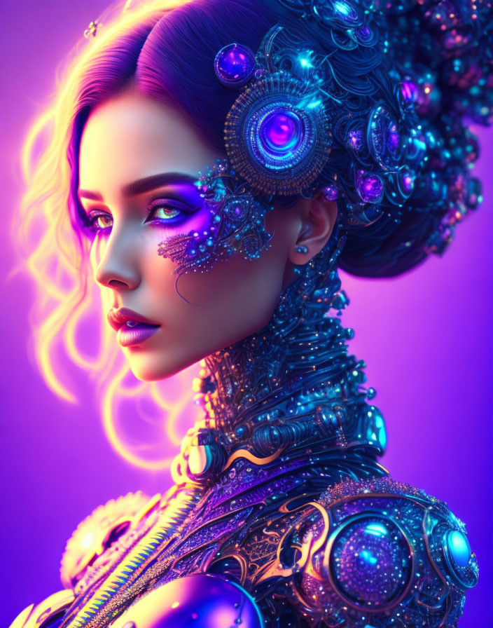 Futuristic digital artwork of a woman in vibrant purple and blue hues